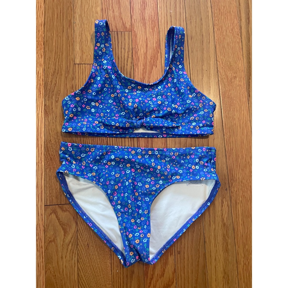 Old Navy Girls Blue Floral 2-Piece Swimsuit Bikini Set Size M 8 Front Knot